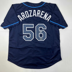 Facsimile Autographed Randy Arozarena Tampa Bay Navy Blue Reprint Laser Auto Baseball Jersey Size Men's XL (ONLINE ORDER ONLY)