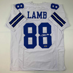 Facsimile Autographed CeeDee Lamb Dallas White Reprint Laser Auto Football Jersey Size Men's XL (ONLINE ORDER ONLY)