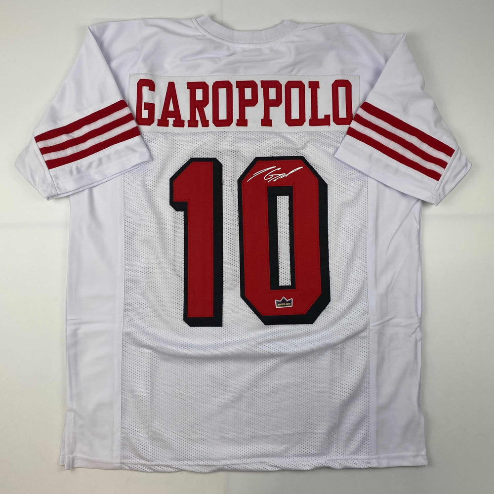 Facsimile Autographed Jimmy Garoppolo San Francisco White Alternate Reprint Laser Auto Football Jersey Size Men's XL (ONLINE ORDER ONLY)