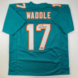 Facsimile Autographed Jaylen Waddle Miami Teal Reprint Laser Auto Football Jersey Size Men's XL (ONLINE ORDER ONLY)