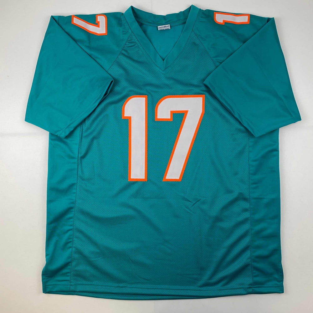 Facsimile Autographed Jaylen Waddle Miami Teal Reprint Laser Auto Football Jersey Size Men's XL (ONLINE ORDER ONLY)