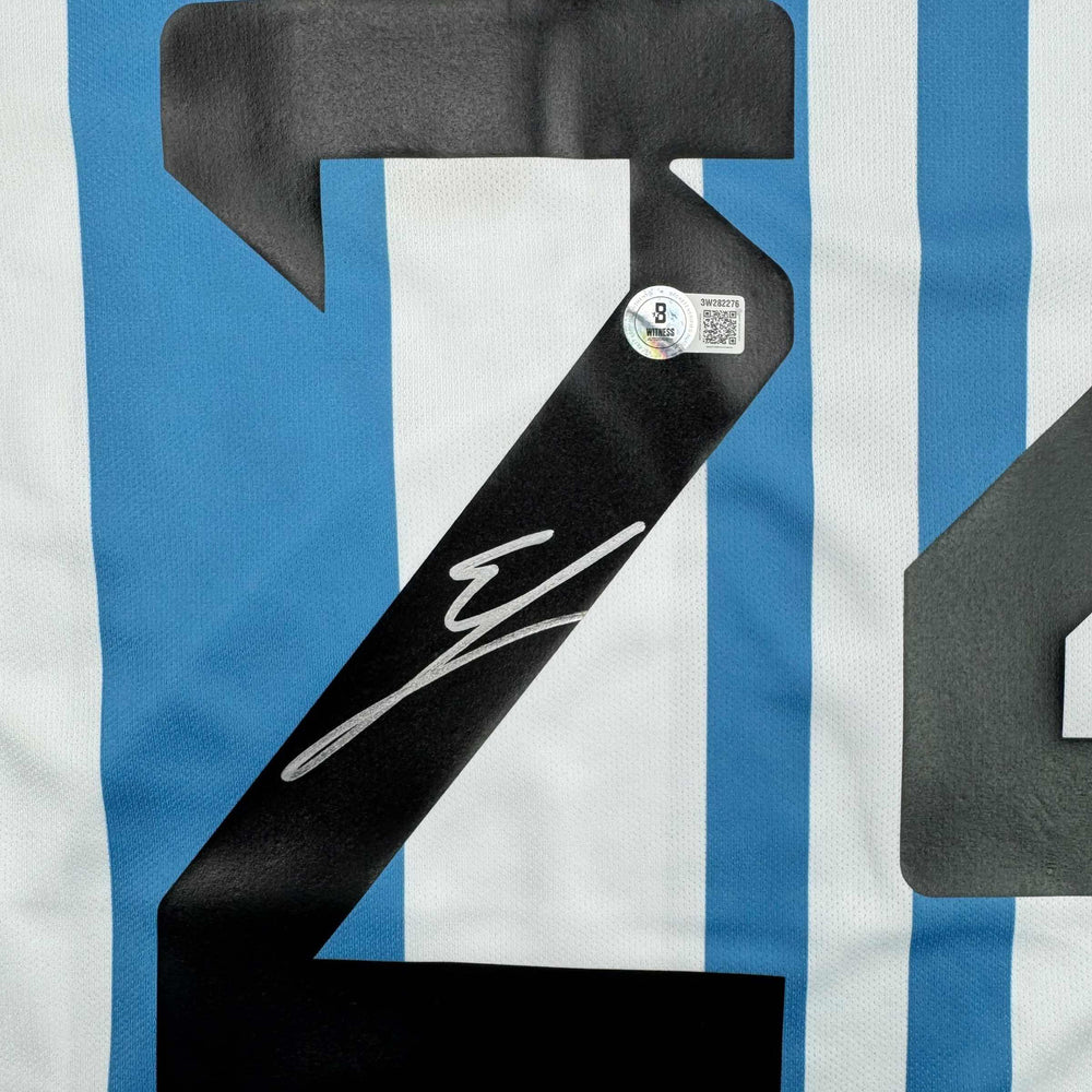 Autographed/Signed Enzo Fernandez Argentina Blue/White Soccer World Cup Jersey Beckett BAS COA