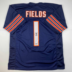 Facsimile Autographed Justin Fields Chicago Blue Reprint Laser Auto Football Jersey Size Men's XL (ONLINE ORDER ONLY)