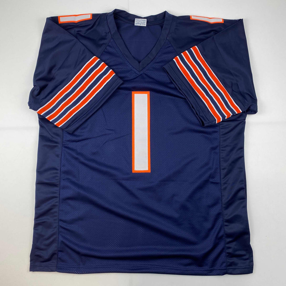 Facsimile Autographed Justin Fields Chicago Blue Reprint Laser Auto Football Jersey Size Men's XL (ONLINE ORDER ONLY)