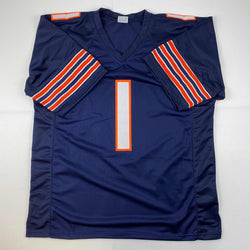 Facsimile Autographed Justin Fields Chicago Blue Reprint Laser Auto Football Jersey Size Men's XL (ONLINE ORDER ONLY)