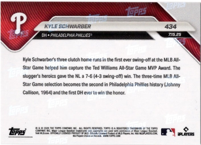 2025 Topps Now Kyle Schwarber #434 Orange Foil /25 Philadelphia Phillies Baseball Card (ONLINE ORDER ONLY)