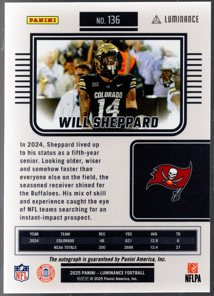 2025 Panini Luminance Will Sheppard #136 Auto /700 Tampa Bay Buccaneers Rookie RC Football Card (ONLINE ORDER ONLY)