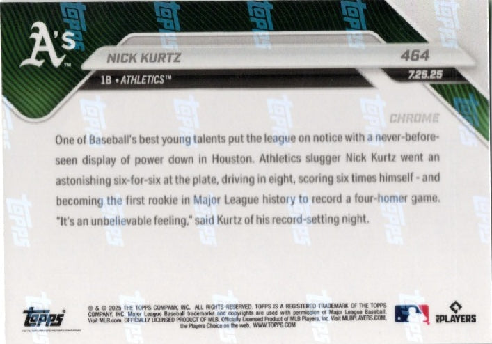 2025 Topps Now Nick Kurtz #464 Gold Foil /50 Athletics Rookie RC Baseball Card