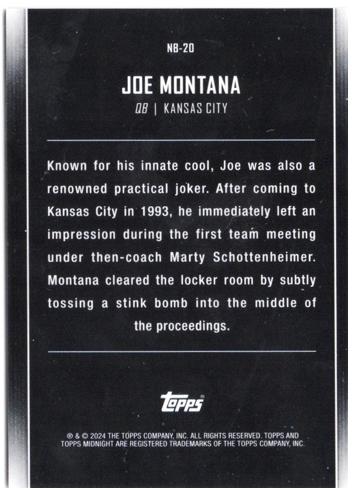 2024 Topps Midnight Joe Montana #NB20 Nightball Dusk /75 Football Card (ONLINE ORDER ONLY)