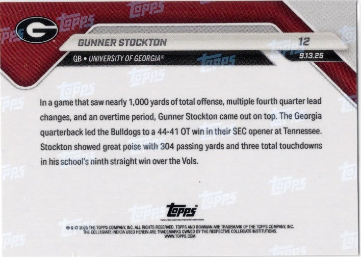 2025 Topps Bowman U Now Gunner Stockton #12 Gold Foil /50 Georgia Bulldogs Rookie RC Football Card (ONLINE ORDER ONLY)