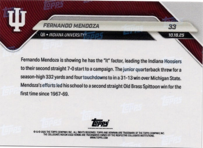 2025 Topps Bowman U Now Fernando Mendoza #33 Gold Foil /50 Indiana Hoosiers Rookie RC Football Card