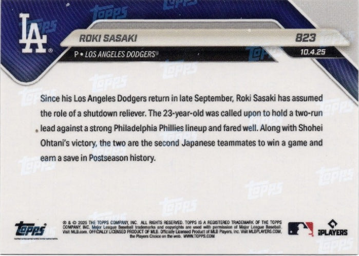 2025 Topps Now Roki Sasaki #823 Gold Foil /50 Los Angeles Dodgers Rookie RC Baseball Card (ONLINE ORDER ONLY)