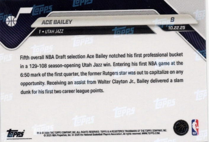 2025 Topps Now Ace Bailey #9 Orange Foil /25 Utah Jazz Rookie RC Basketball Card