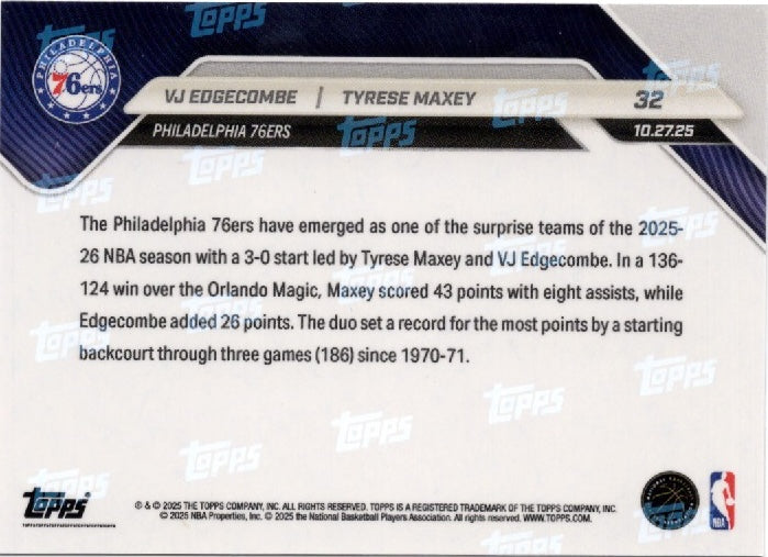 2025 Topps Now VJ Edgecombe/Tyrese Maxey #32 Gold Foil /50 Basketball Card