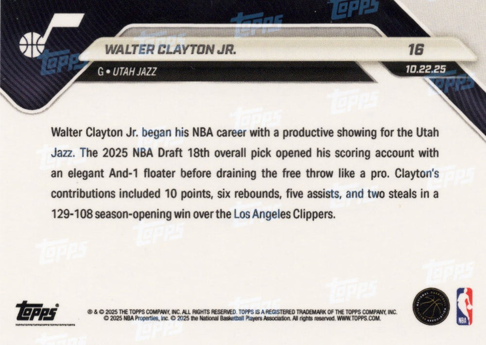 2025 Topps Now Walter Clayton Jr #16 Gold Foil /50 Utah Jazz Rookie RC Basketball Card