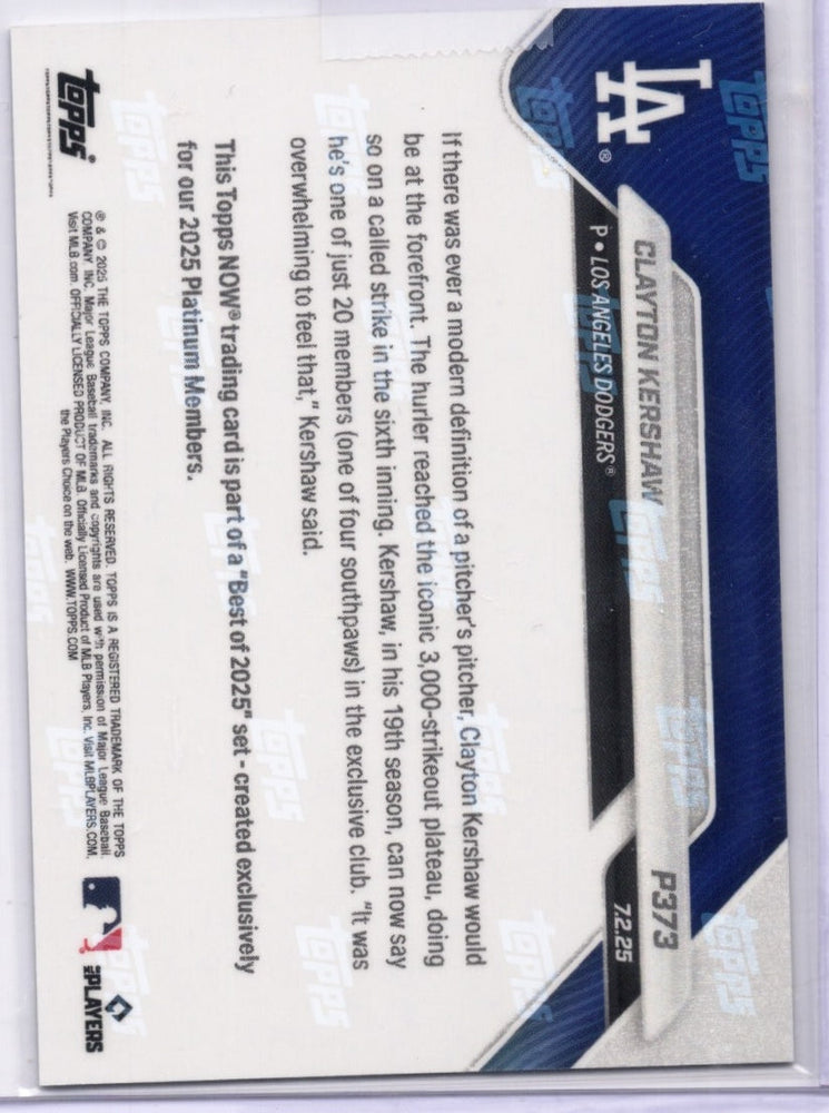 2025 Topps Now Clayton Kershaw #P373 Platinum Member Los Angeles Dodgers Baseball Card