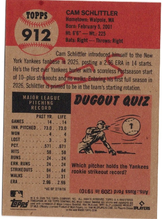 2026 Topps Living Cam Schlittler #912 Black Text Bio New York Yankees Rookie RC Baseball Card