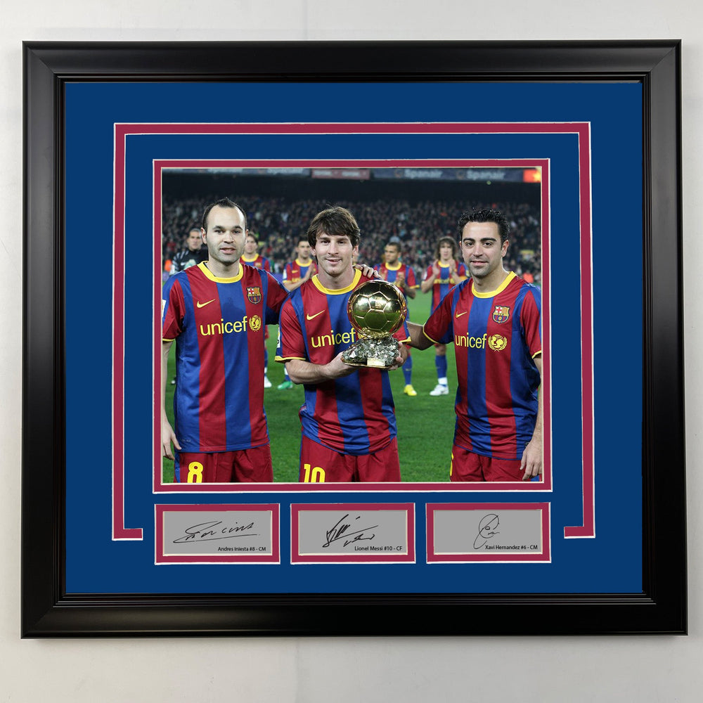 Framed Andres Iniesta, Lionel Messi and Xavi Facsimile Laser Engraved Signatures Barcelona 19x21 Soccer Photo (ONLINE ORDER ONLY)