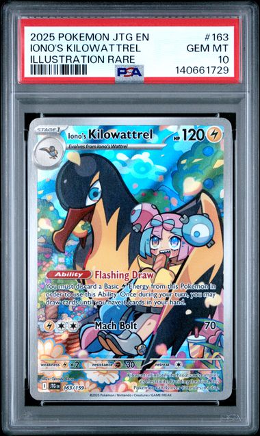 Graded 2025 PKM JTG EN Iono's Kilowattrel #163 Illustration Rare Trading Card Game PSA 10 Gem Mint