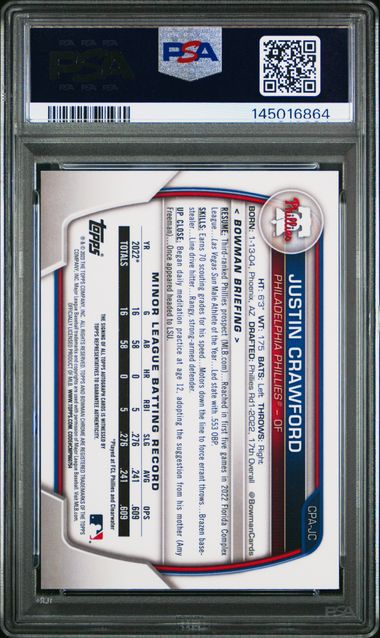 Graded 2023 Topps Bowman Chrome Justin Crawford #CPAJC Chrome Prospect Auto Rookie RC Baseball Card PSA 9 Gem Mint