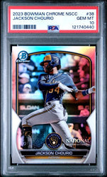 Graded 2023 Topps Bowman Chrome National Jackson Chourio #38 Chrome Rookie RC Baseball Card PSA 10 Gem Mint (ONLINE ORDER ONLY)