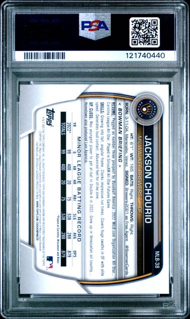 Graded 2023 Topps Bowman Chrome National Jackson Chourio #38 Chrome Rookie RC Baseball Card PSA 10 Gem Mint (ONLINE ORDER ONLY)
