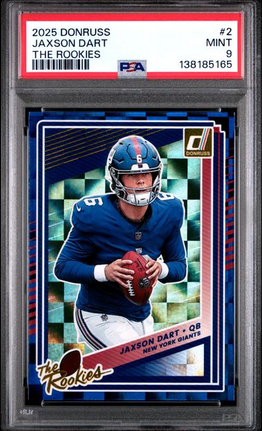 Graded 2025 Panini Donruss Jaxson Dart #2 The Rookies Rookie RC Football Card PSA 9 Mint