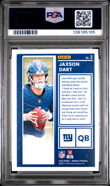 Graded 2025 Panini Donruss Jaxson Dart #2 The Rookies Rookie RC Football Card PSA 9 Mint