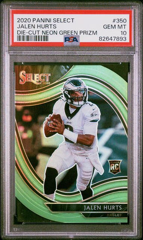 Graded 2020 Panini Select Jalen Hurts #350 Die Cut Neon Green Prizm Rookie RC Football Card PSA 10 Gem Mint (ONLINE ORDER ONLY)