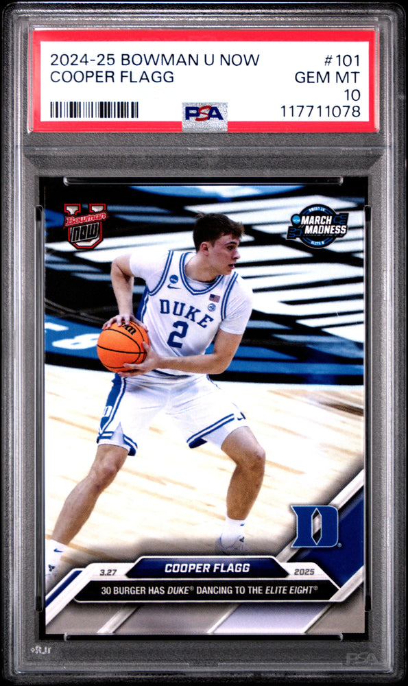 Graded 2024 Topps Bowman U Now Cooper Flagg #101 30 Burger Has Duke Dancing to the Elite Eight Rookie RC Basketball Card PSA 10 Gem Mint