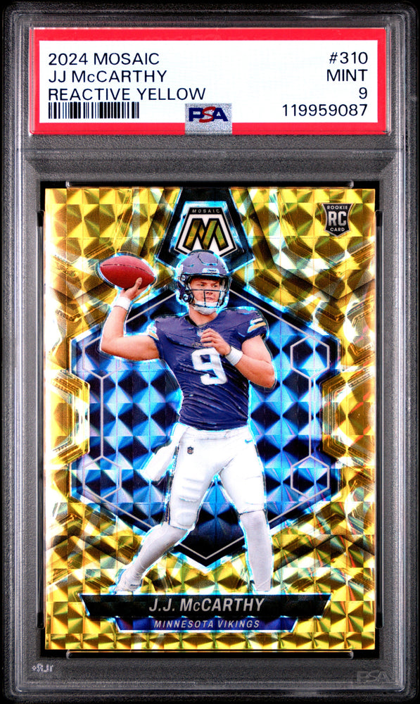 Graded 2024 Panini Mosaic JJ McCarthy #310 Reactive Yellow Rookie RC Football Card PSA 9 Mint (ONLINE ORDER ONLY)