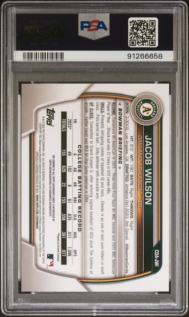 Graded 2023 Topps Bowman Draft Jacob Wilson #CDAJWI Chrome Prospects Auto Rookie RC Baseball Card PSA 10 Gem Mint (ONLINE ORDER ONLY)