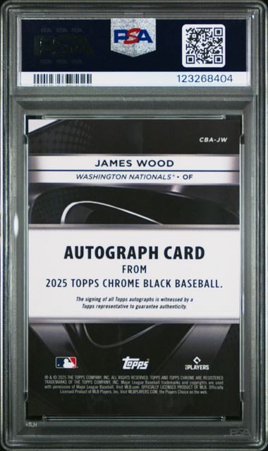 Graded 2025 Topps Chrome Black James Wood #CBA-JW Auto Rookie RC Baseball Card PSA 10 Gem Mint (ONLINE ORDER ONLY)