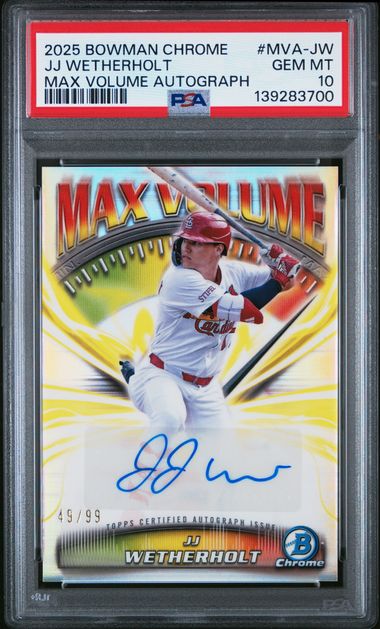 Graded 2025 Topps Bowman Chrome JJ Wetherholt #MVAJW /99 Max Volume Autograph Rookie RC Baseball Card PSA 10 Gem Mint
