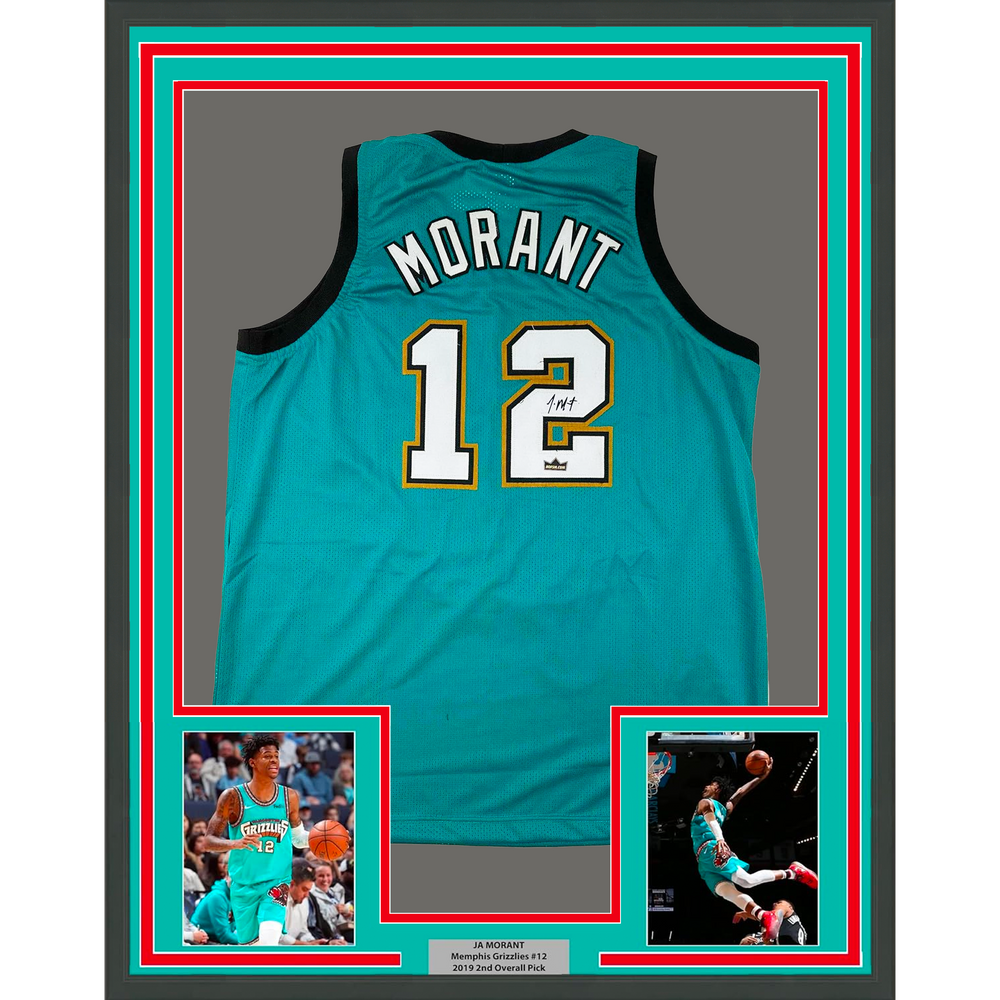 Framed Facsimile Autographed Ja Morant 35x39 Memphis Teal Retro Reprint Laser Auto Basketball Jersey (ONLINE ORDER ONLY)