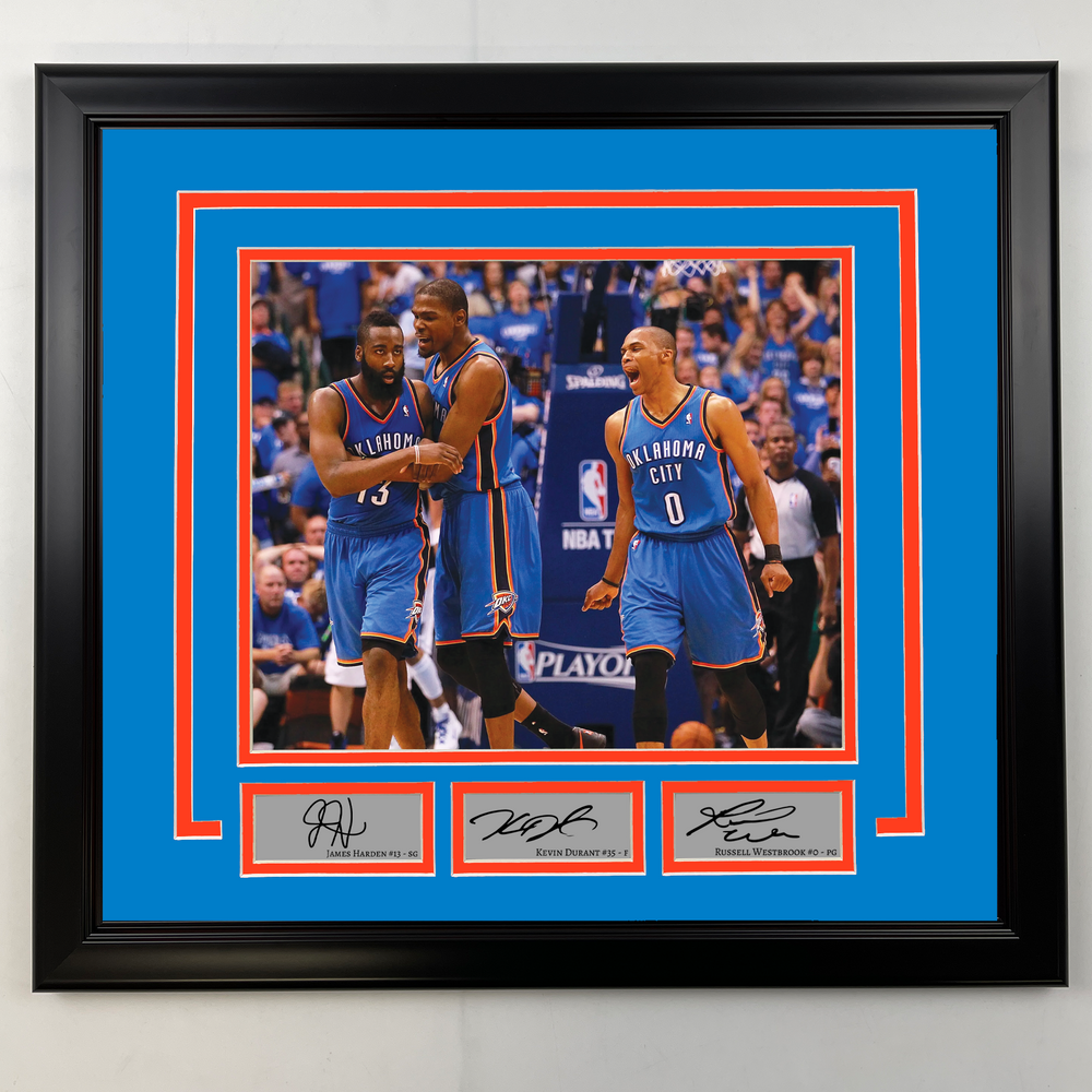 Framed James Harden, Kevin Durant & Russell Westbrook Facsimile Laser Engraved Signatures Oklahoma City Thunder 19x21 Basketball Photo (ONLINE ORDER ONLY)