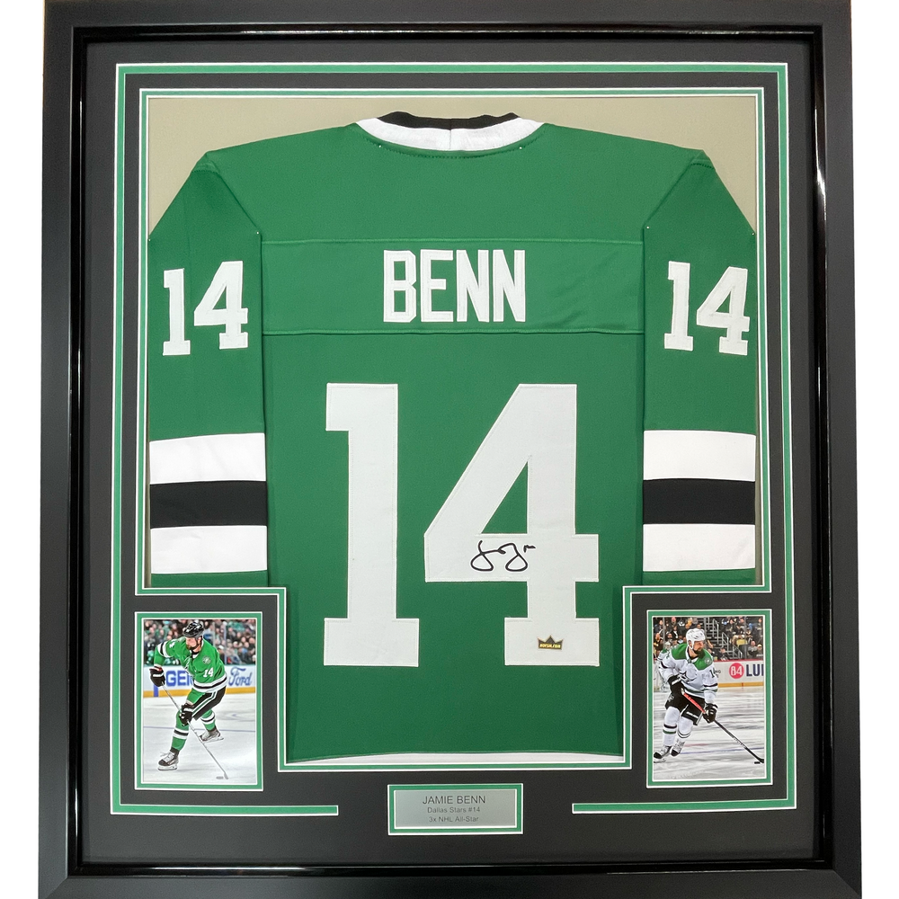 Framed Facsimile Autographed Jamie Benn 35x39 Dallas Green Reprint Laser Auto Hockey Jersey (ONLINE ORDER ONLY)