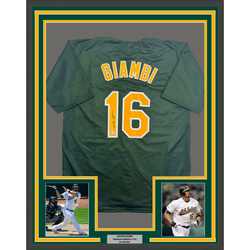 Framed Autographed/Signed Jason Giambi 35x39 Oakland Green Baseball Jersey Beckett BAS COA
