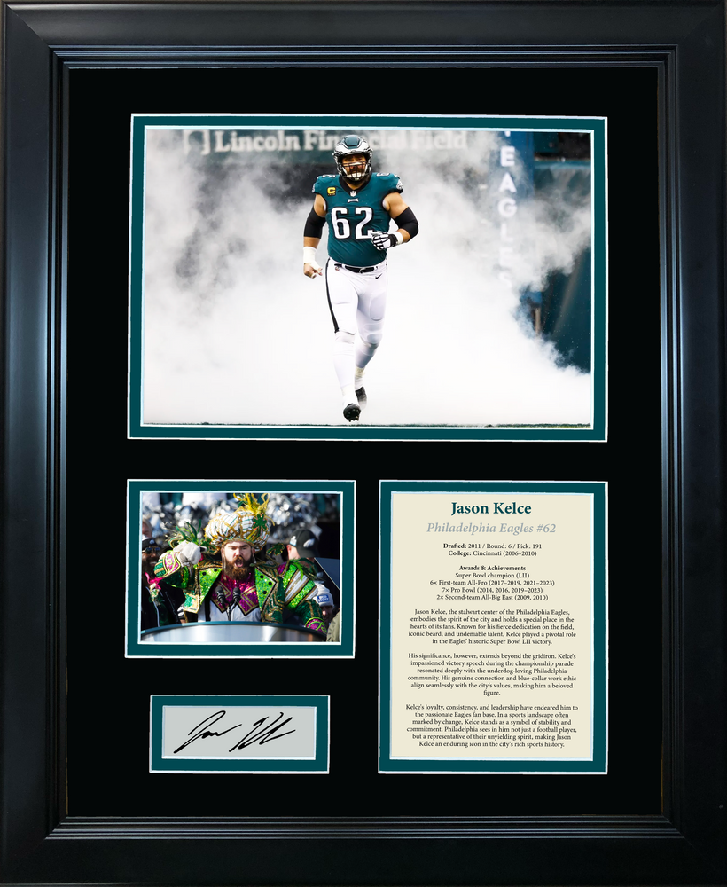 Framed Jason Kelce Philadelphia Eagles Facsimile Laser Engraved Signature Auto Football 11"x14" Photo Sig Collage (ONLINE ORDER ONLY)