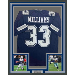 Framed Autographed/Signed Javonte Williams 35x39 Dallas Blue Football Jersey Beckett BAS COA