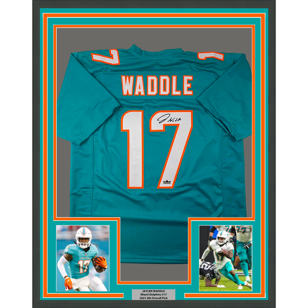Framed Facsimile Autographed Jaylen Waddle 35x39 Miami Teal Reprint Laser Auto Football Jersey (ONLINE ORDER ONLY)