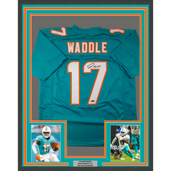 Framed Facsimile Autographed Jaylen Waddle 35x39 Miami Teal Reprint Laser Auto Football Jersey (ONLINE ORDER ONLY)
