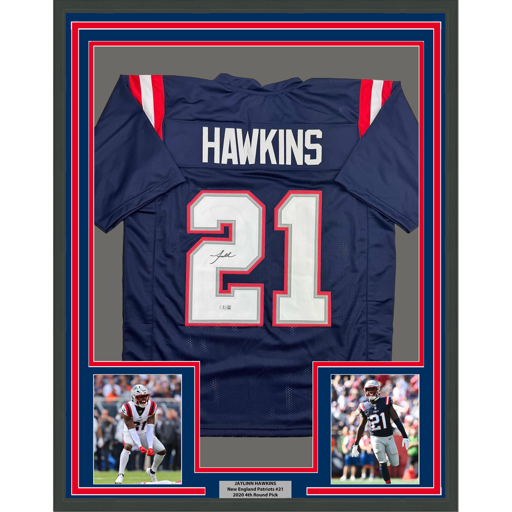 Framed Autographed/Signed Jaylinn Hawkins 35x39 New England Blue Football Jersey Beckett BAS COA