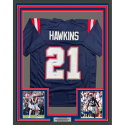 Framed Autographed/Signed Jaylinn Hawkins 35x39 New England Blue Football Jersey Beckett BAS COA