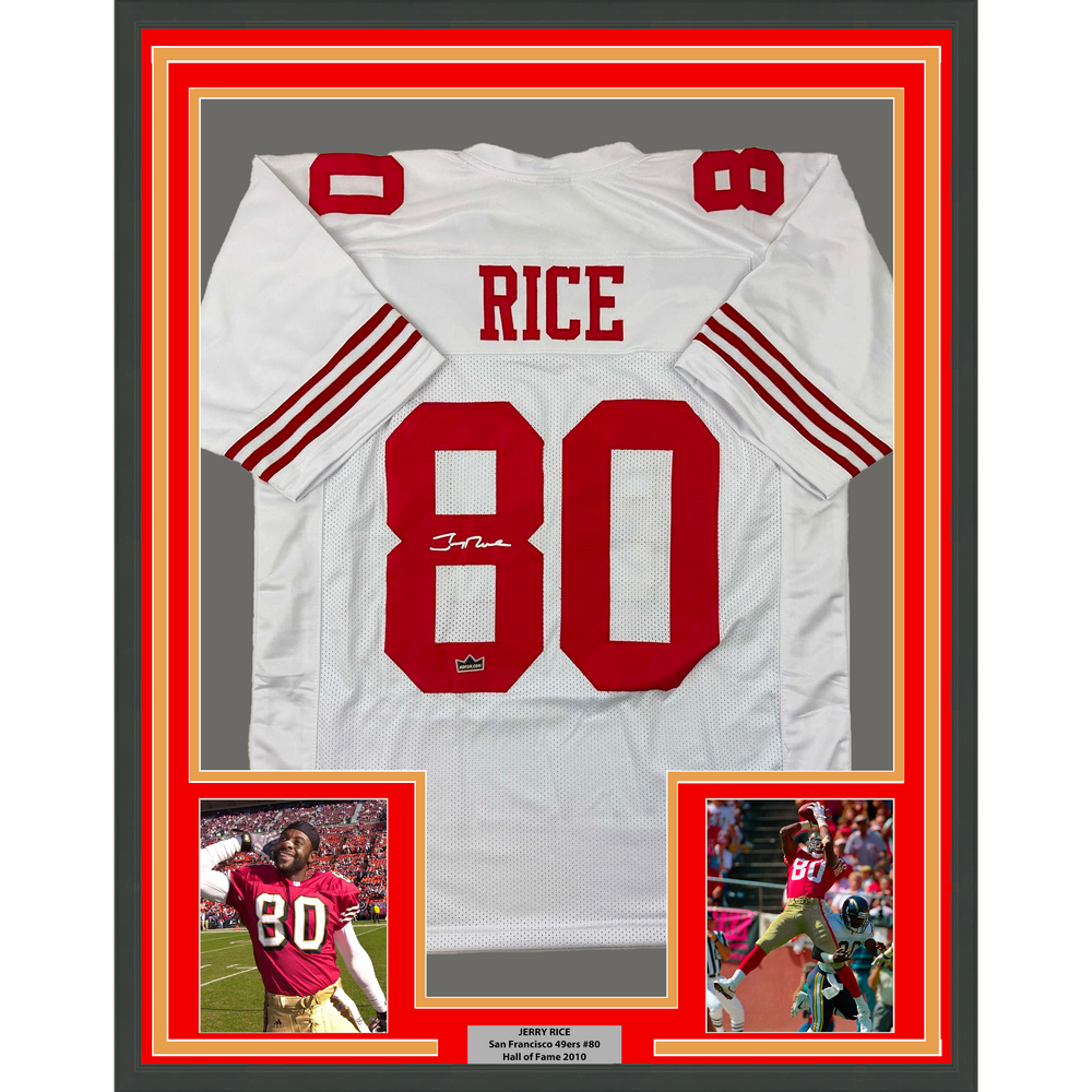 Framed Facsimile Autographed Jerry Rice 35x39 San Francisco White Reprint Laser Auto Football Jersey (ONLINE ORDER ONLY)