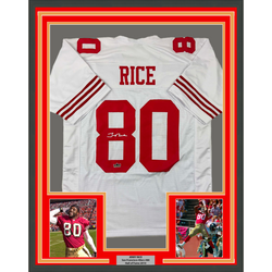 Framed Facsimile Autographed Jerry Rice 35x39 San Francisco White Reprint Laser Auto Football Jersey (ONLINE ORDER ONLY)