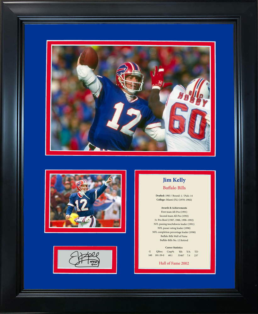Framed Jim Kelly Hall of Fame Facsimile Laser Engraved Signature Auto Buffalo Bills 11"x14" Football Photo Sig Collage (ONLINE ORDER ONLY)