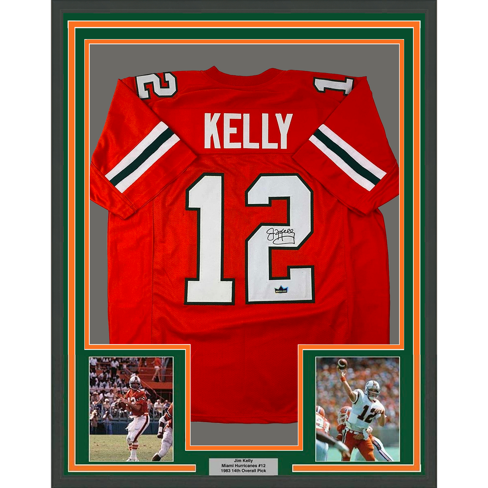 Framed Facsimile Autographed Jim Kelly 35x39 Miami Orange Reprint Laser Auto College Football Jersey (ONLINE ORDER ONLY)