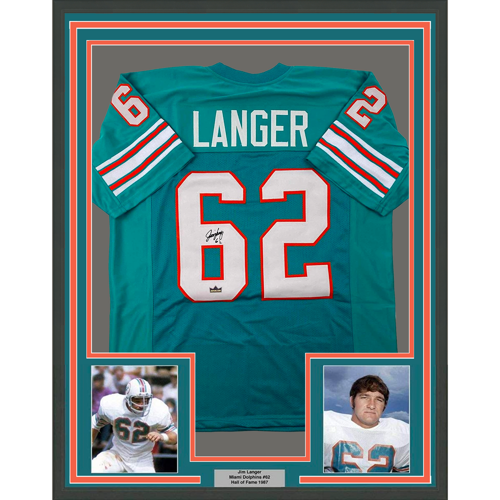Framed Facsimile Autographed Jim Langer 35x39 Miami Teal Reprint Laser Auto Football Jersey (ONLINE ORDER ONLY)