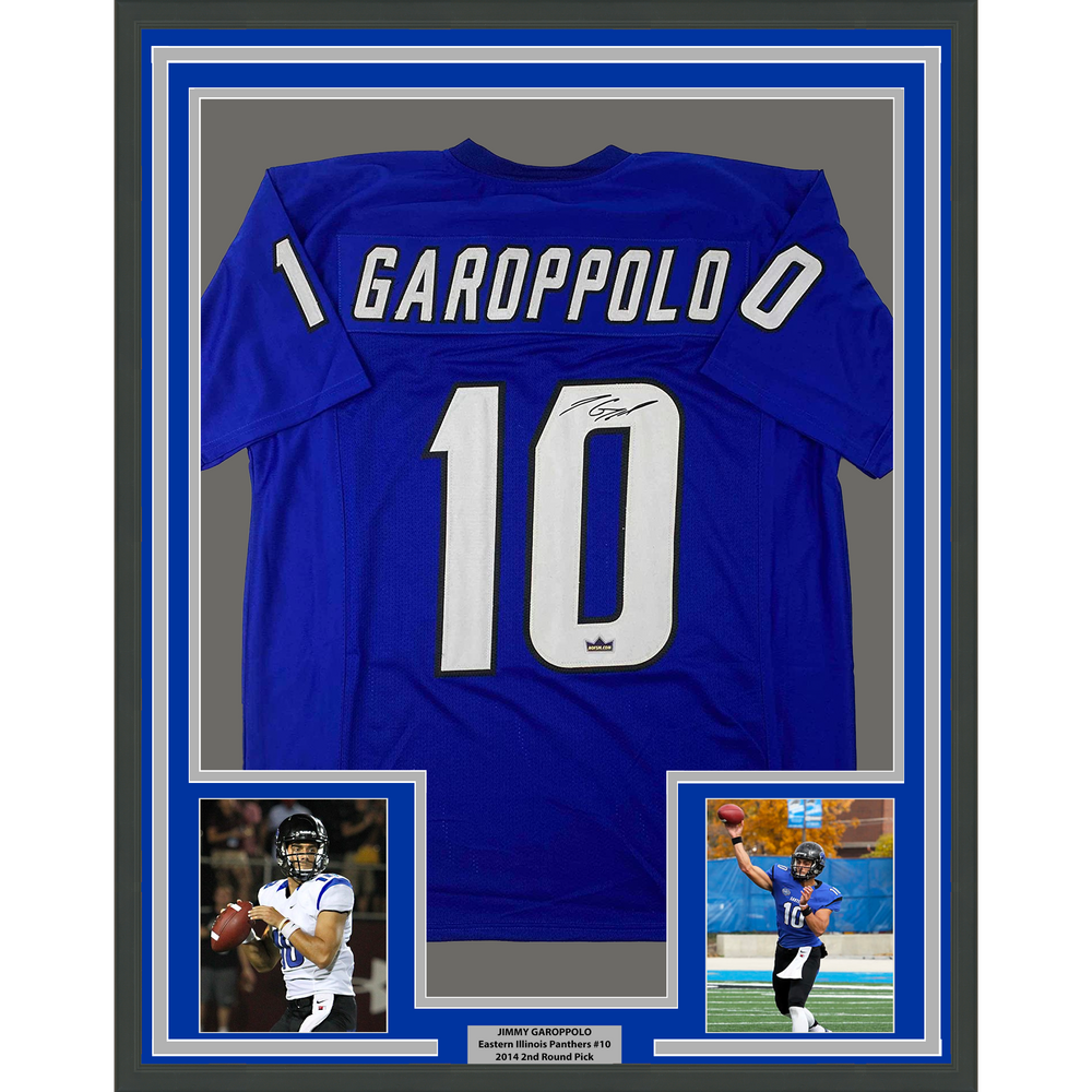 Framed Facsimile Autographed Jimmy Garoppolo 35x39 Eastern Illinois Blue Reprint Laser Auto College Football Jersey (ONLINE ORDER ONLY)
